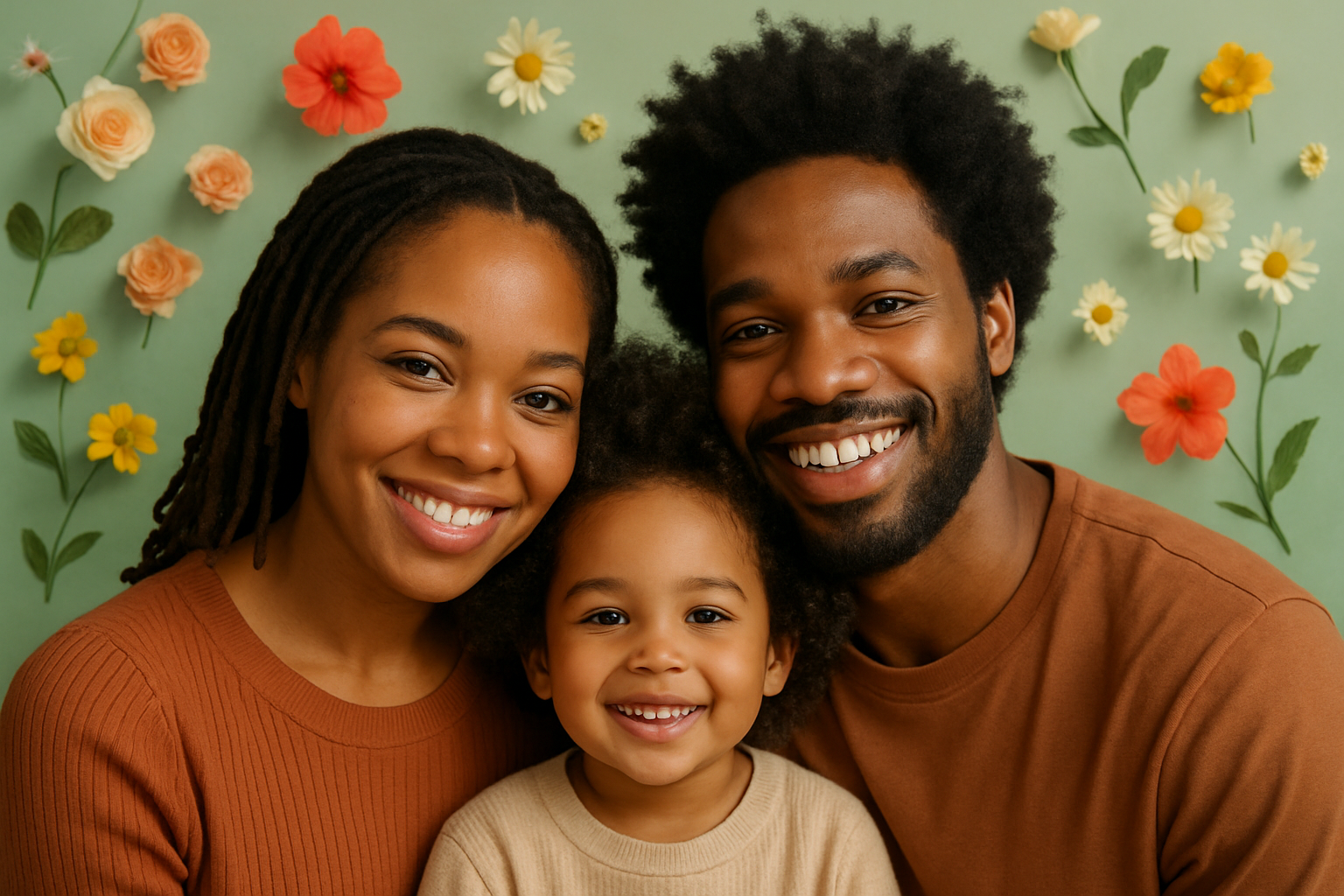 Crée une photo réaliste d’une femme locksé avec un homme cheveux crépus et un enfant cheveux curly le fond doit être vert avec quelques fleurs comme mes produitu