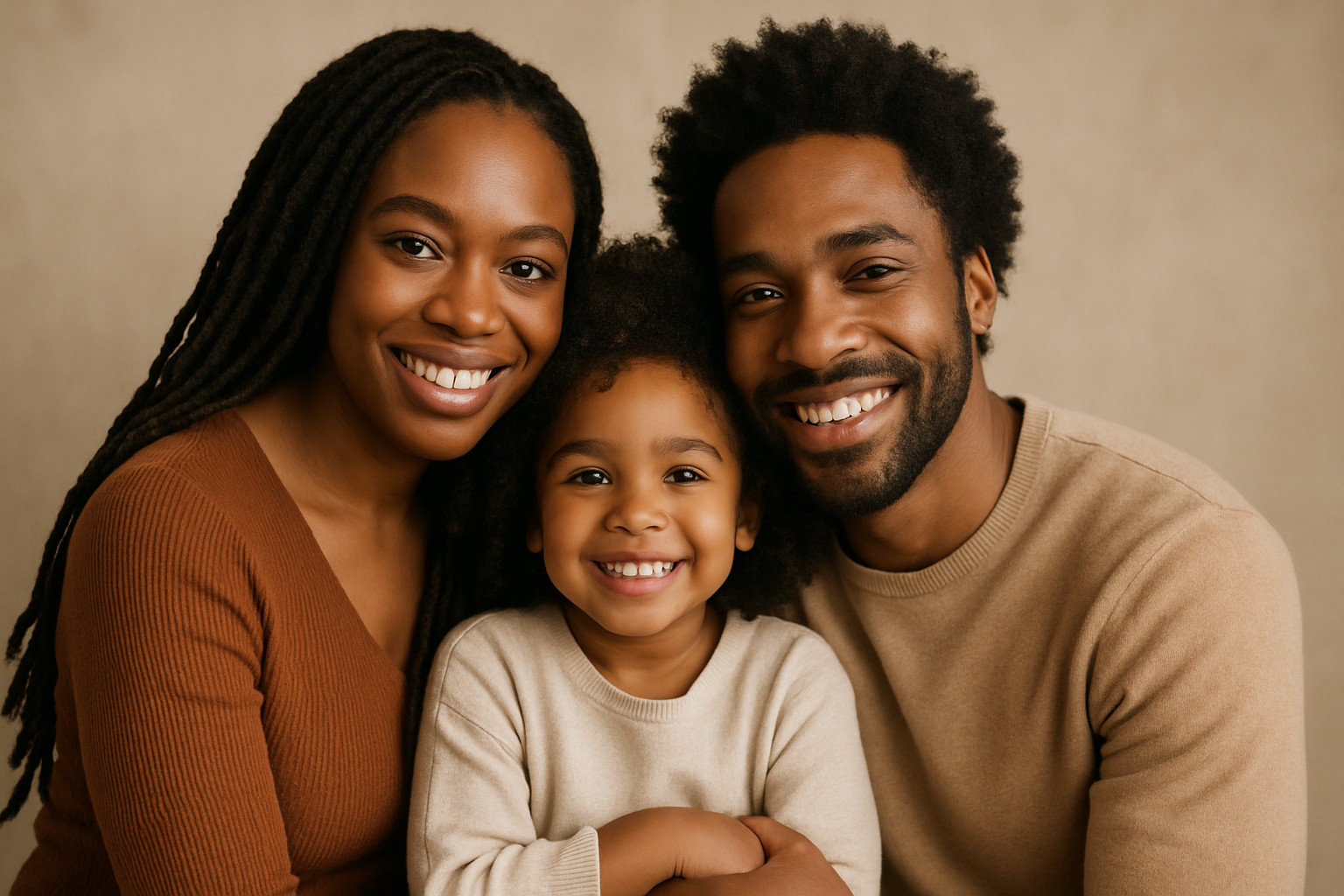 Une photo de famille d’une femme locksé avec son mari cheveux crépus et sa fille cheveux bouclés 